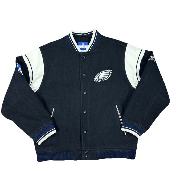 Vintage Philadelphia Eagles Reebok Black Wool Varsity Letterman Jacket Sz Large - Picture 1 of 7